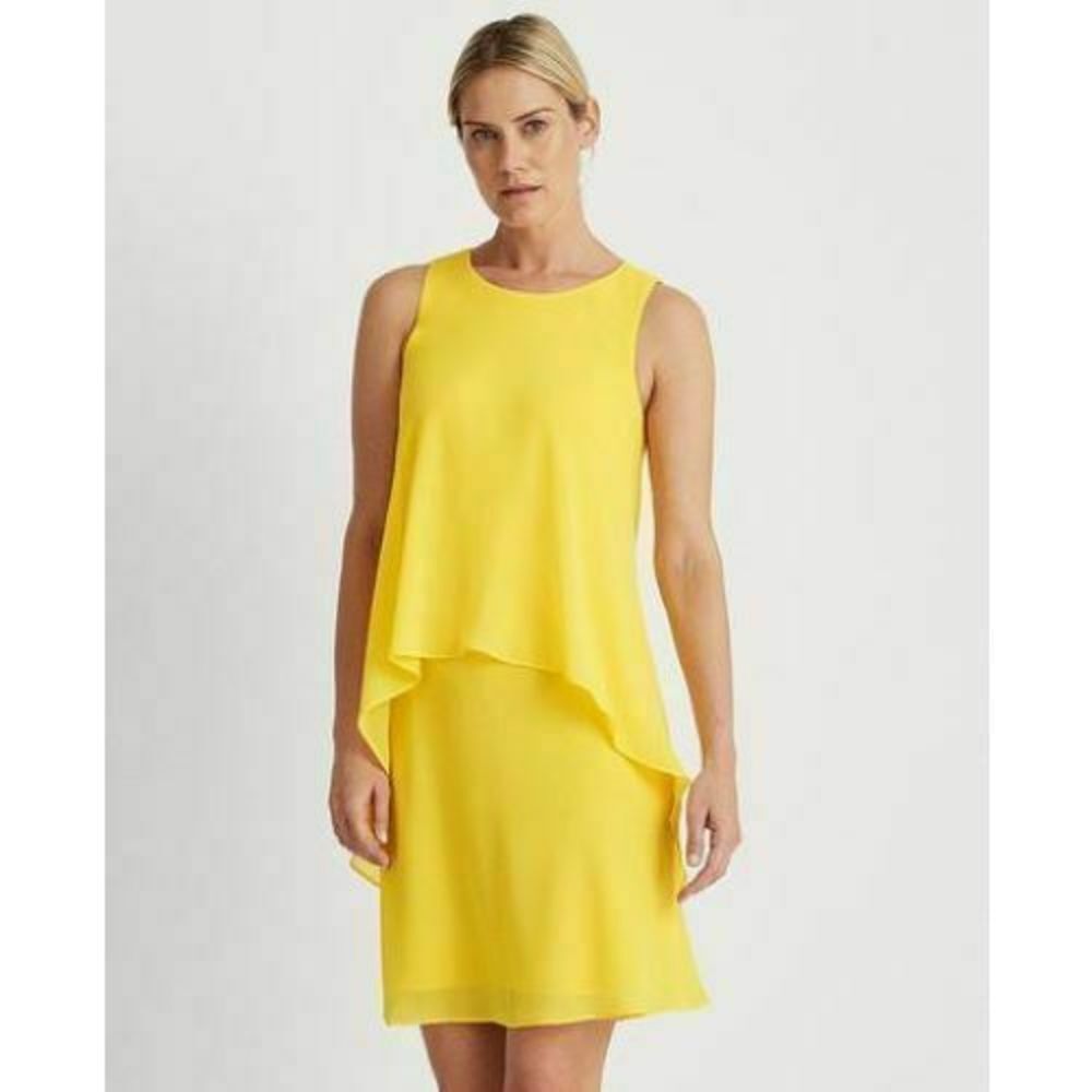 Lauren Ralph Lauren Georgette Shift Dress Yellow Lemon Size 12 New